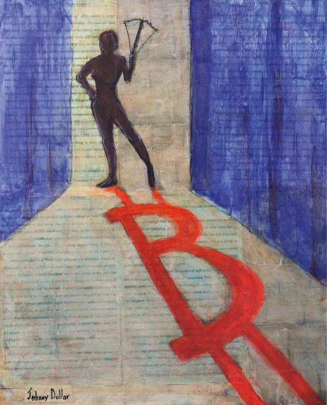 Crossbows And Cryptography by Johnny Dollar, mixed media on canvas